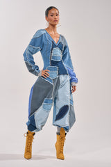 COMFY COZY DENIM PATCHWORK JUMPSUIT