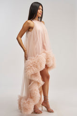 ARI TULLE RUFFLE HIGH LOW MINI DRESS IN BLUSH