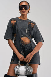 MARGOT DISTRESSED STUDDED SHORT SLEEVE TEE