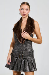 STEPPING OUT PU FUR TRIM MINI DRESS