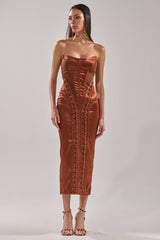 WOAH BABY SATIN MIDI DRESS IN CHOCOLATE