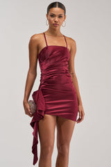 TWIRL ME TWICE SATIN MINI DRESS IN BURGUNDY