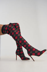 AZALEA WANG ARGYLE BROWN MULTI STRETCH STILETTO BOOT