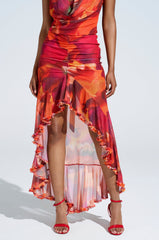 UP IN FLAMES RUFFLE MIDI SKIRT