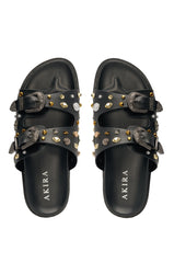 AKIRA BARCLAY BLACK METAL EMBELLISHED SLIP ON FLAT SANDAL