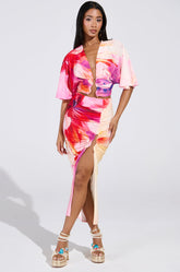 WILD FIRE FLORAL MIDI SKIRT WITH SLIT