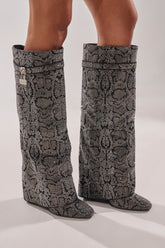 AZALEA WANG CAPRICORN RHINESTONE SNAKE PATTERN WEDGE FOLD OVER BOOT