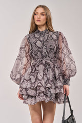 IT GIRL CHIFFON RUFFLE MINI DRESS IN SNAKE