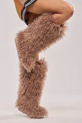 AZALEA WANG DENTON TAUPE KNEE HIGH FLAT FUR BOOT