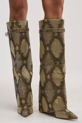 AZALEA WANG EVO KHAKI SNAKE SPARKLE WEDGE BOOT