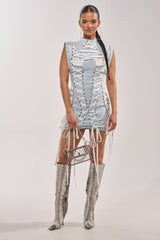 ALL ABOUT IT LACE UP MINI DRESS IN LIGHT BLUE DENIM