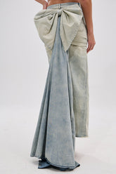 OH THE DRAMA BACK BOW DENIM MAXI SKIRT WITH TRAIN