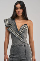 LUXURIOUS DENIM ASYMMETRICAL PEARL BODYSUIT IN GREY