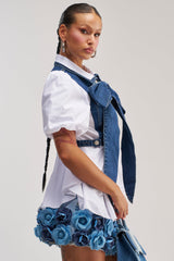 FAITH SHORT SLEEVE DARK BLUE DENIM TIE POPLIN BLOUSE