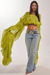 SLOUCHY SQUARE NECK LONG SLEEVE BLOUSE TOP IN CHARTREUSE
