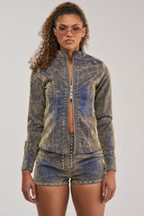 BURNT OUT ZIP UP BLOUSE