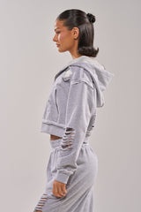 CROSSED OUT DISTRESSED ZIP UP SWEATSHIRT