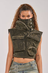 MODEL BEHAVIOR TOP IN DARK OLIVE DENIM