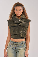 MODEL BEHAVIOR TOP IN DARK OLIVE DENIM