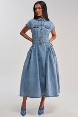MEET THE PARENTS BELTED DENIM MIDI DRESS
