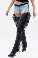 AZALEA WANG KATRICE BLACK STILETTO WESTERN FRINGE CHAP BOOT