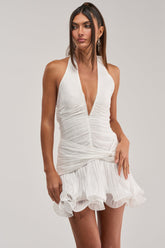 GOLDEN GLAM RUFFLE MINI DRESS IN WHITE