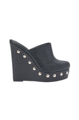 AZALEA WANG RIALA BLACK PU SILVER STUDDED WEDGE CLOG SANDAL