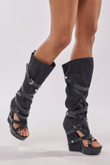 AZALEA WANG ROTHKID BLACK DENIM KNEE HIGH OPEN TOE BOOT