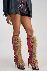 AZALEA WANG SHAINE BLACK MULTI GLADIATOR STITCH AND FUR SANDAL