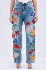 INTO THE GARDEN FLORAL EMBROIDERED DENIM JEANS