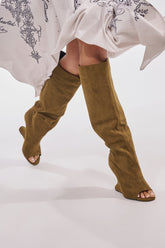 AZALEA WANG VINCENT OLIVE FAUX SUEDE OPEN TOE WEDGE BOOT