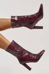 AZALEA WANG WINGROVE BURGUNDY CHUNKY HEEL CROCODILE BOOTIE