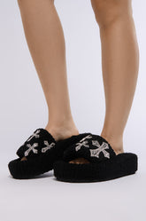 AZALEA WANG SUTTONED BLACK CROSS EMBELLISHED SLIP ON SANDAL