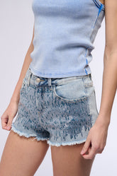 SPARKLE AND SHINE DISTRESSED DENIM SEQUIN SHORT