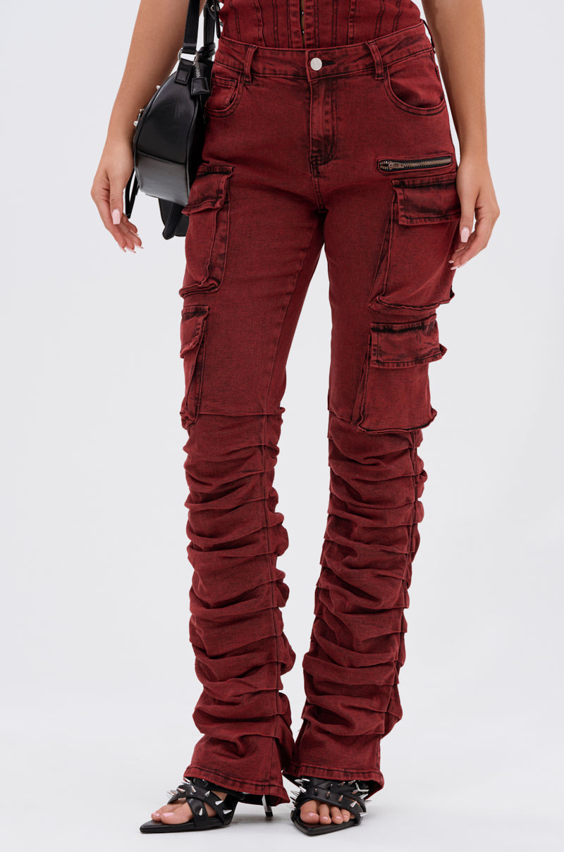 IT GETS EASIER STACKED CARGO PANT IN BURGUNDY