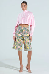 GARDEN PARTY STRETCH DENIM WITH FLORAL TULLE BERMUDA SHORTS