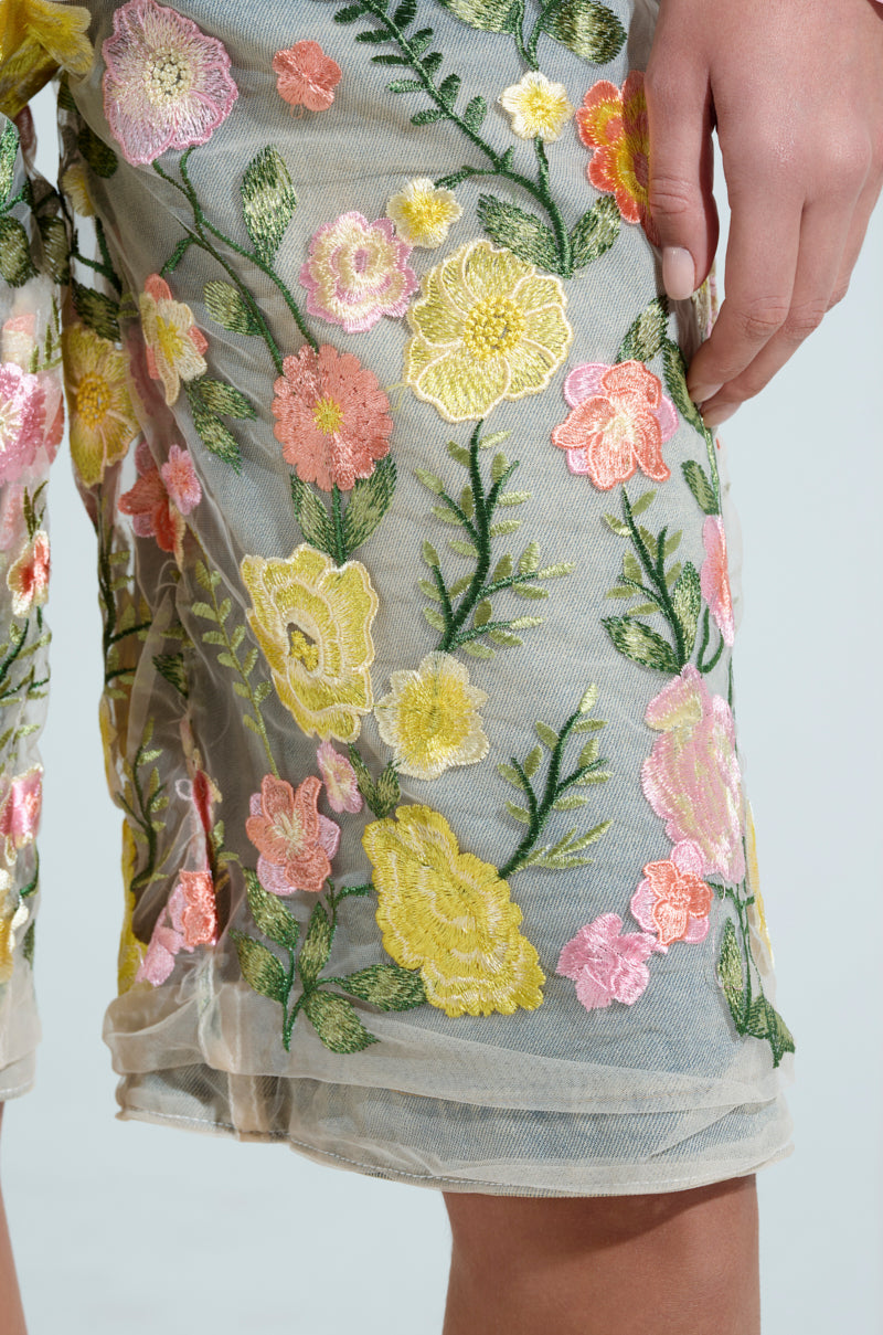 GARDEN PARTY STRETCH DENIM WITH FLORAL TULLE BERMUDA SHORTS