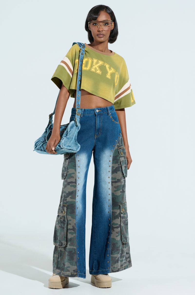 CADET CRAZY CAMO AND DENIM WIDE LEG PANT