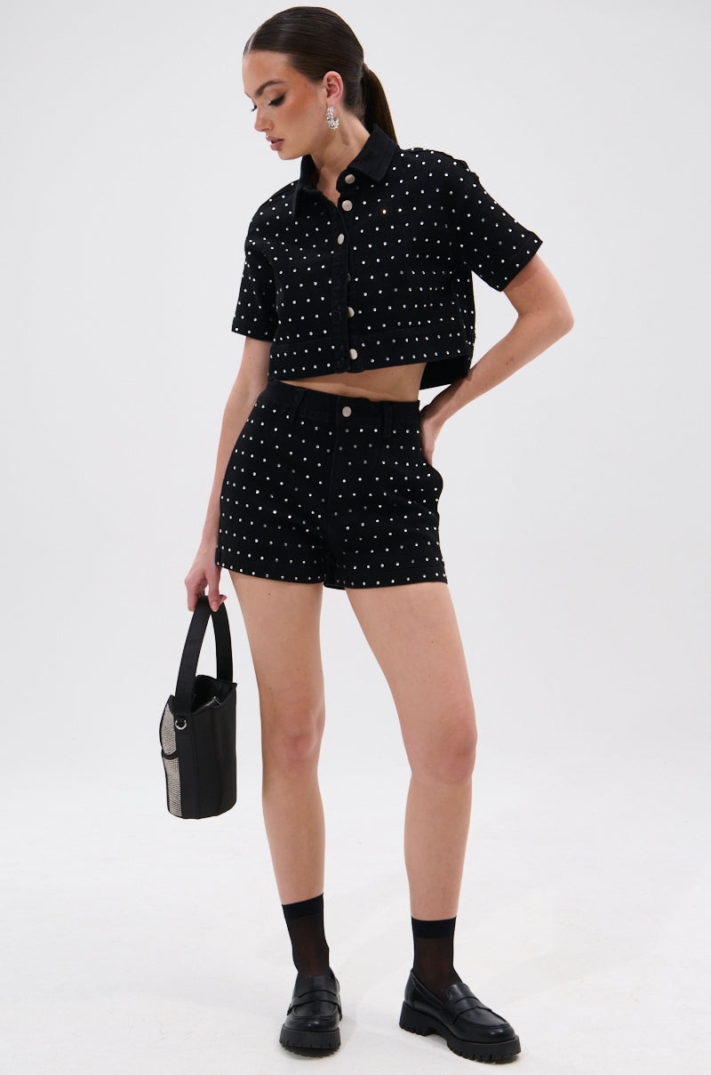 ITS GIVING DENIM RHINESTONE SHORT
