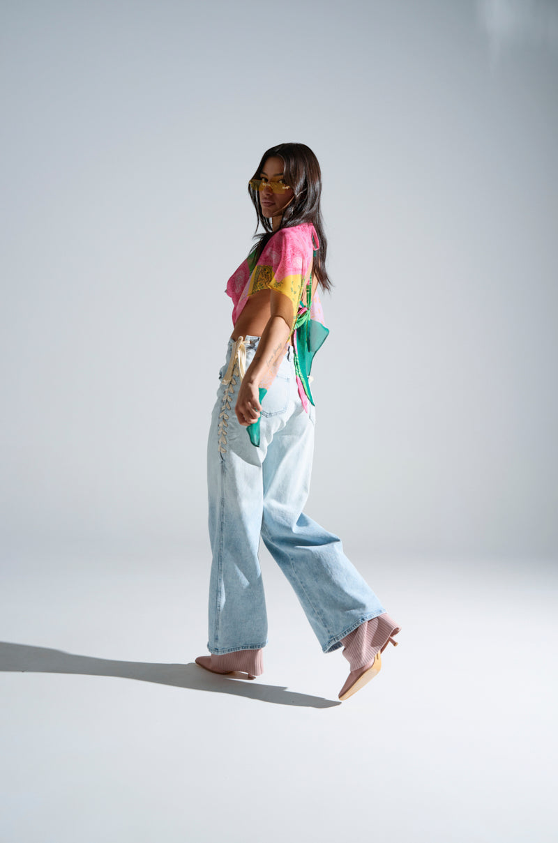 COME HANG WITH ME WIDE LEG DENIM PANT WITH TIES
