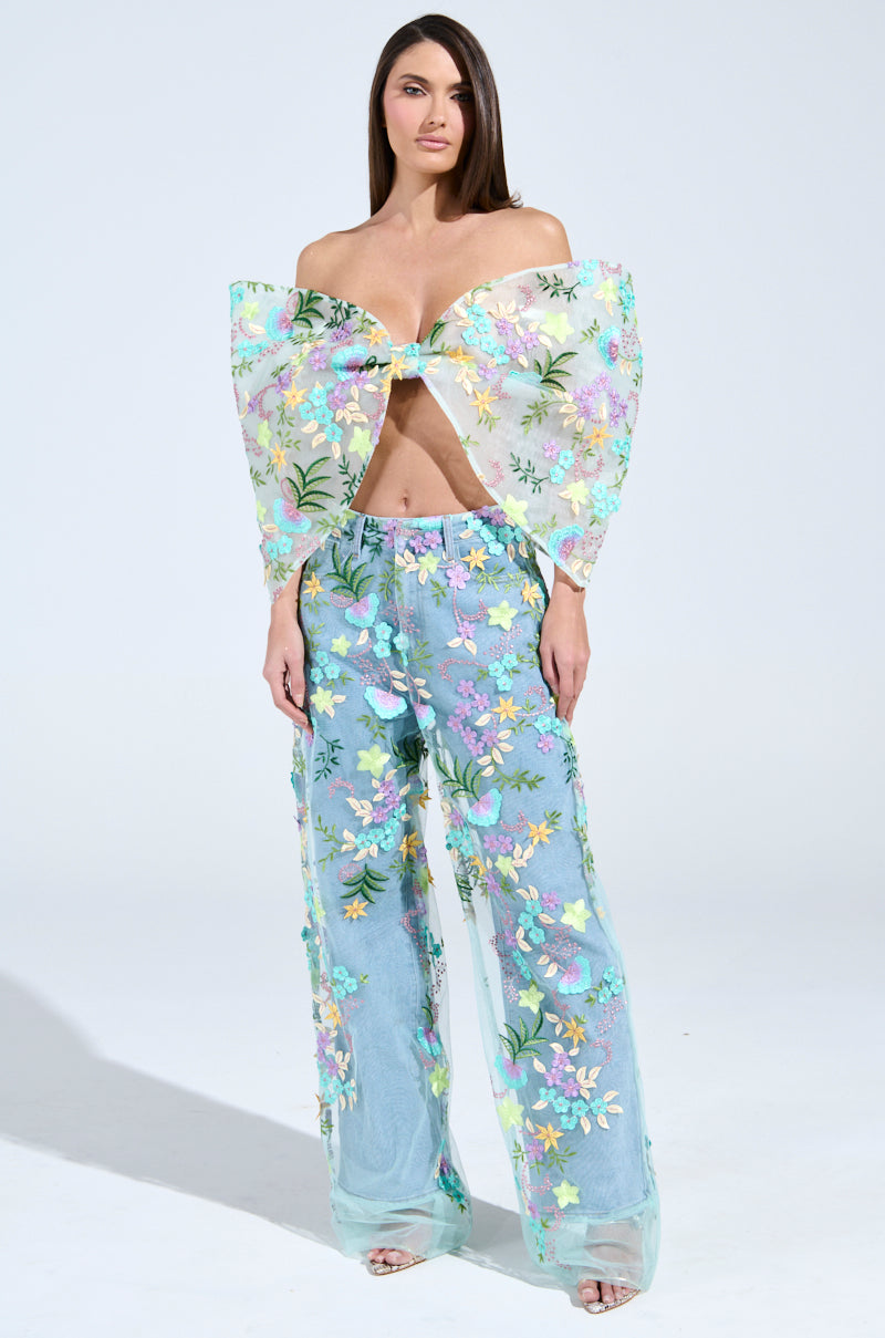 GARDENIA DENIM WITH FLORAL TULLE WIDE LEG JEANS