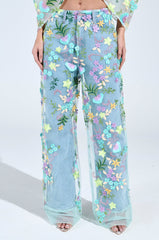 GARDENIA DENIM WITH FLORAL TULLE WIDE LEG JEANS