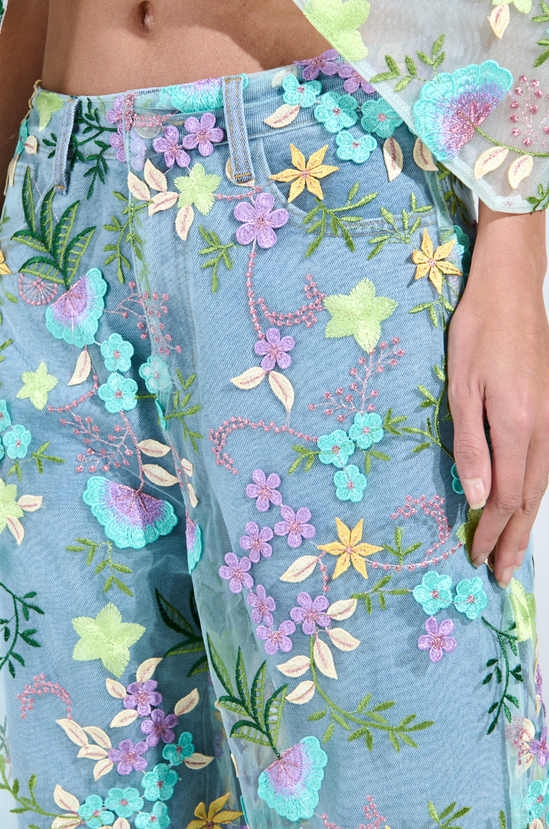 GARDENIA DENIM WITH FLORAL TULLE WIDE LEG JEANS