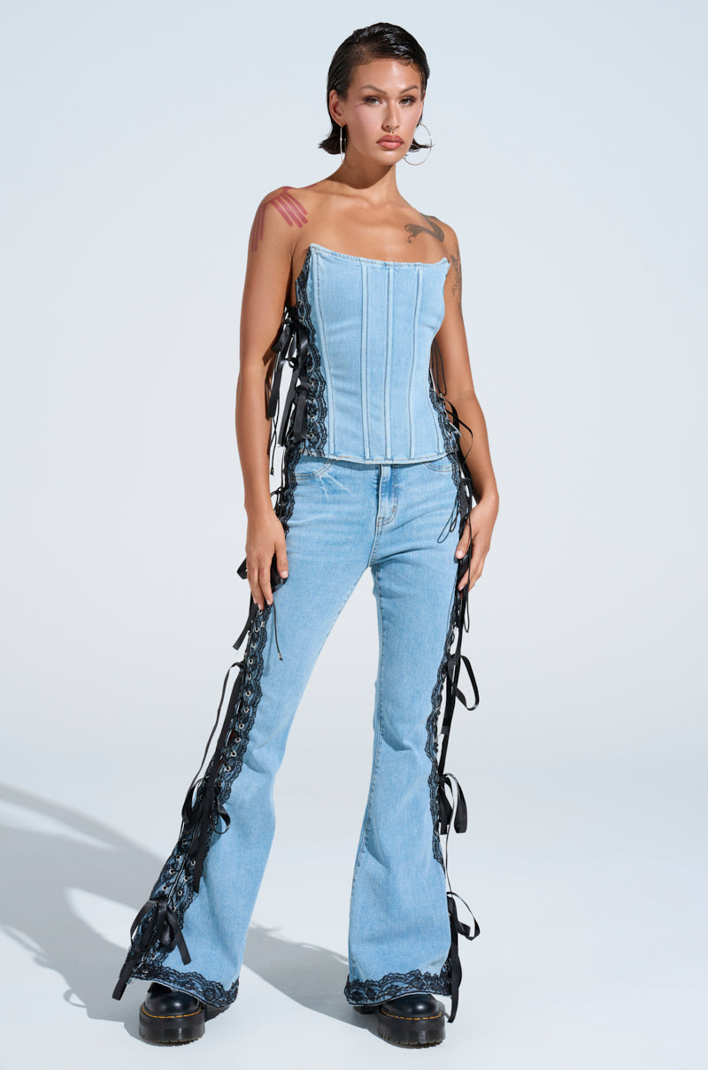 TICKED AND TIED LACE AND BOW DETAIL DENIM PANTS