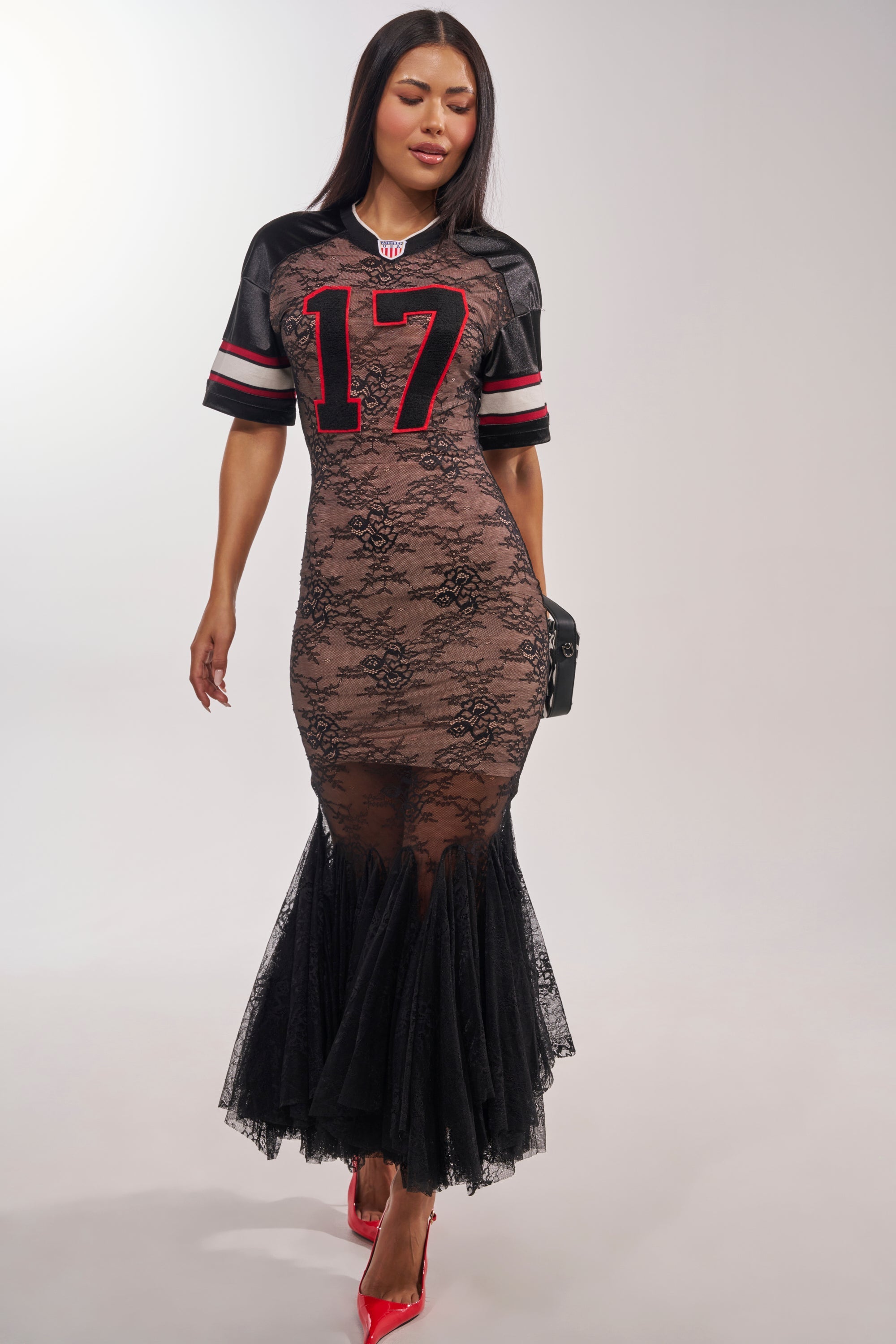 LAYUP LACE JERSEY MAXI DRESS IN BLACK