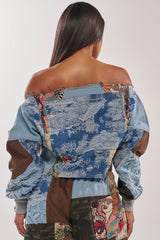 CALL ME CRAZY PATCHWORK OFF THE SHOULDER SWEATSHIRT