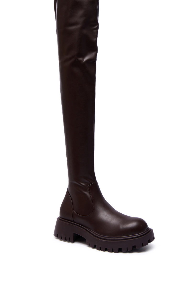 AZALEA WANG AJUNA CHOCOLATE FOUR WAY STRETCH PU FLAT BOOT