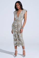 I DO WHAT I WANT METALLIC MIDI DRESS IN BEIGE