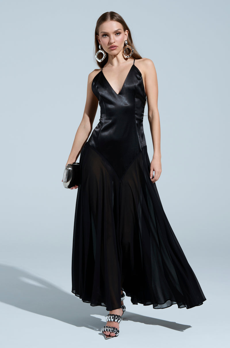 REINA SATIN MESH MAXI DRESS