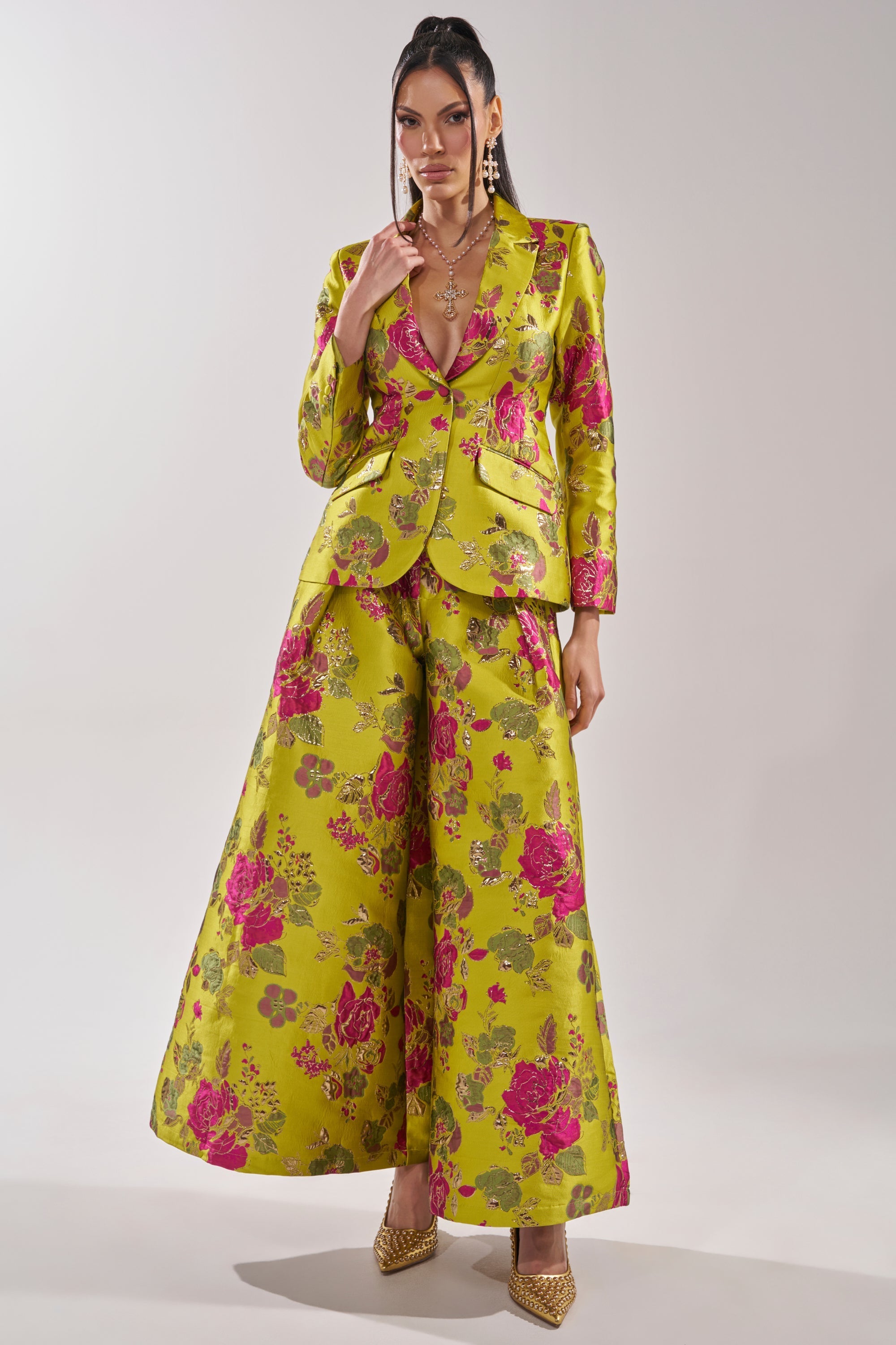 BUY MYSELF FLOWERS BROCADE TROUSER IN LIME